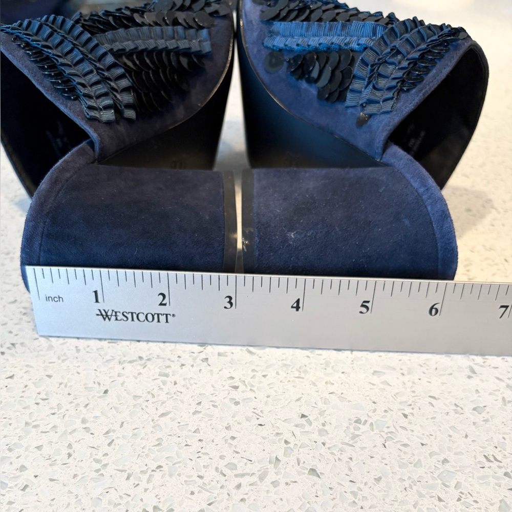 Navy Blue Block Heel Open Toe Slide Sandals Leather & Suede With Sequin Design - Picture 13 of 15